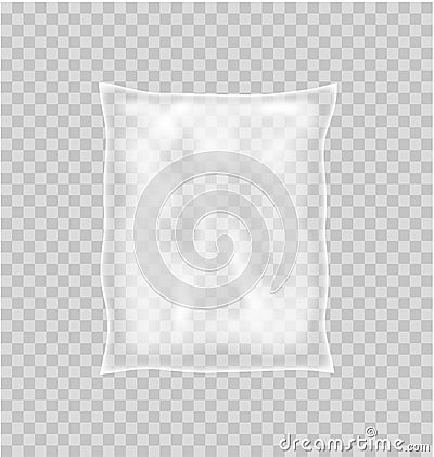 Realistic pillow package for food. Transparent blank slim pouch. Vector Illustration